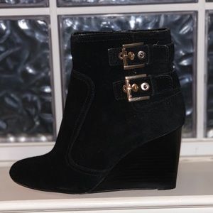 Black suede wedge booties